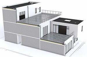 [Translate to EN:] Wohnhaus mit kaskadierenden Dachterrassen und LORO-X DUOSTREAM Kaskadenentwässerung