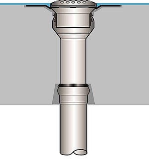The LORO-X push-fit socket connection lies in the annular gap within the concrete slab