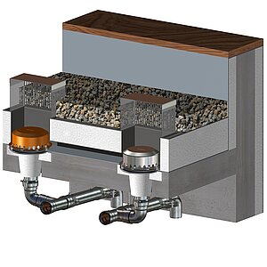 LORO-X emergency drainage for inverted roofs with branch canal to the main drain