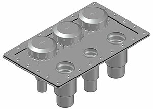 [Translate to EN:]  LORO-X VARIOFIT Rohrdurchführungen Für minimalen Abstand zwischen Rohrdurchführungen - variabel und passgenau nach Kundenwunsch Beispiel mit 3 LORO-X DRAINLET Abläufen zur Entwässerung und 3 LORO-X Rohrdurchführungen